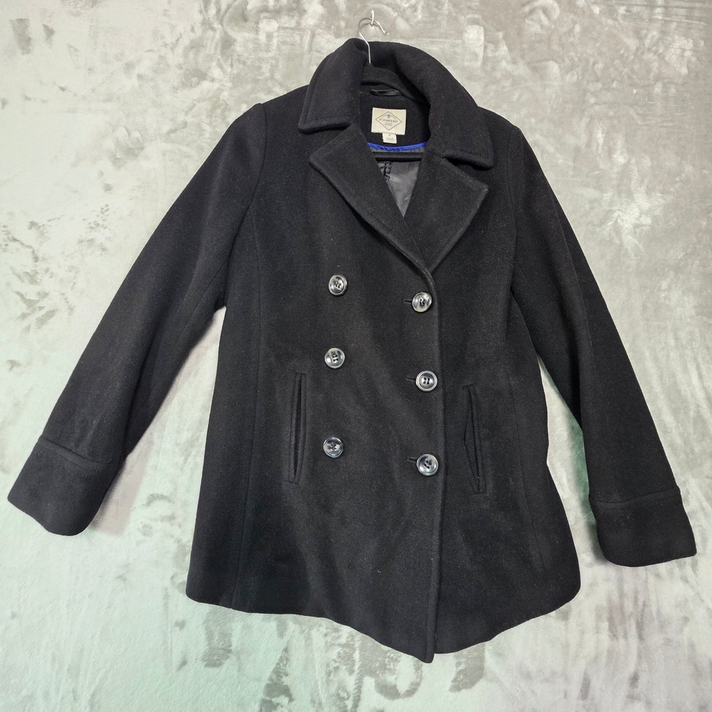 St Johns Bay Womens Black Wool Blend Double Breasted Pea Coat Jacket Small
